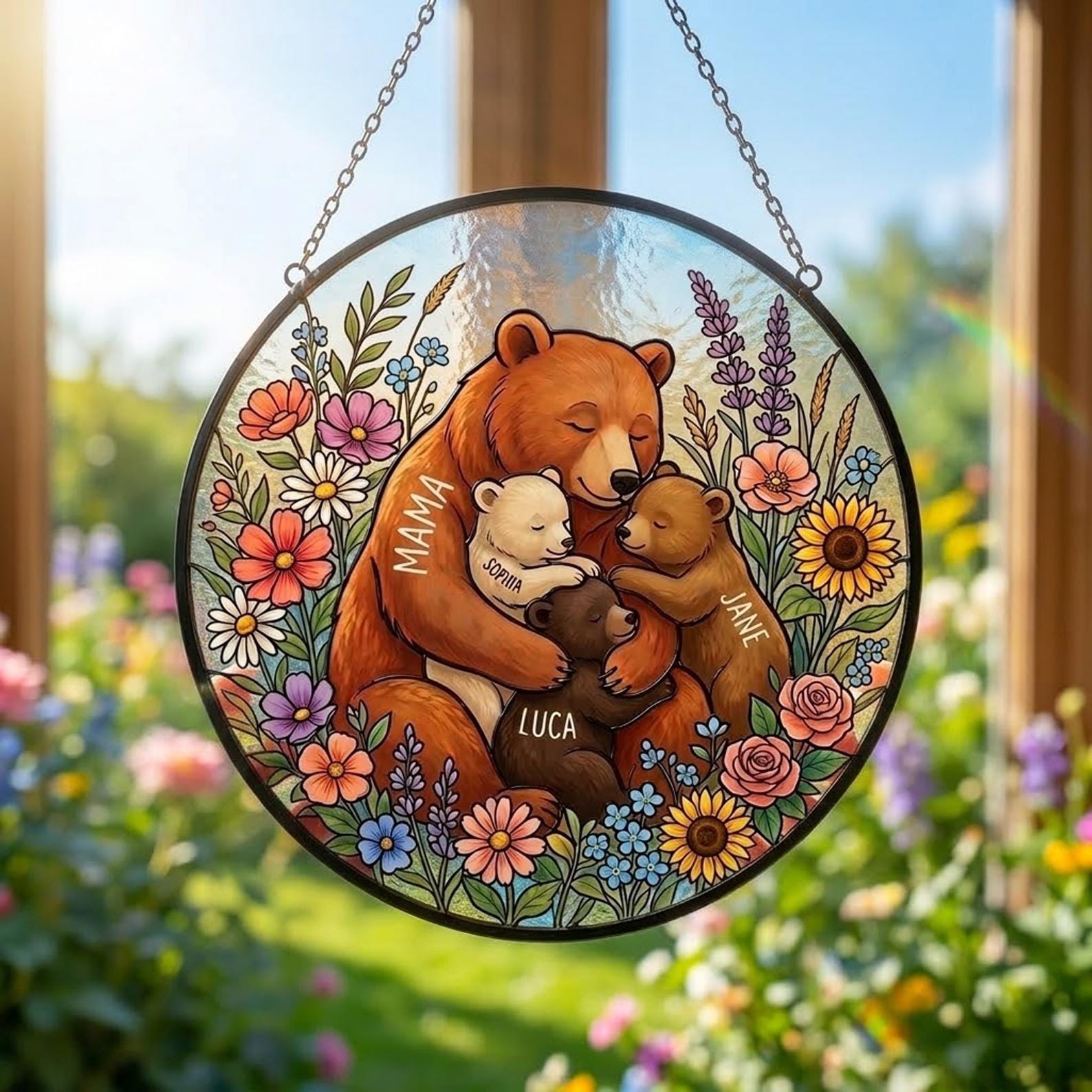 Personalized Mama Bear Flowers Stained Glass Suncatcher Mother's Day Gift For Mom Grandma, Mom And Kids Bears Family Keepsake