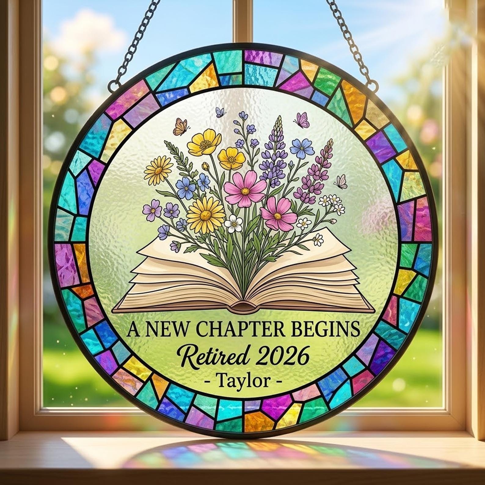 Personalized Retirement Suncatcher, Floral Book A New Chapter Begins Retired Gift Stained Glass, Teacher Retirement Gifts, Retired Teacher