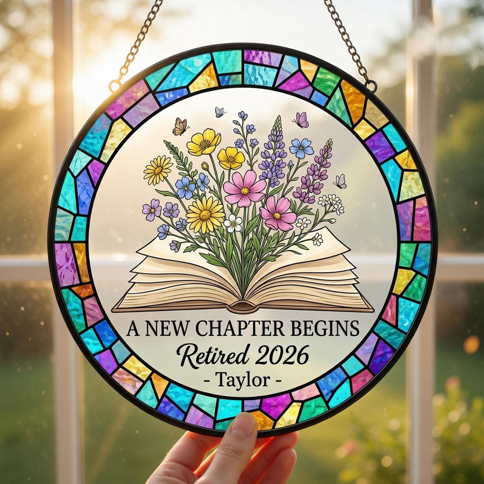 Personalized Retirement Suncatcher, Floral Book A New Chapter Begins Retired Gift Stained Glass, Teacher Retirement Gifts, Retired Teacher