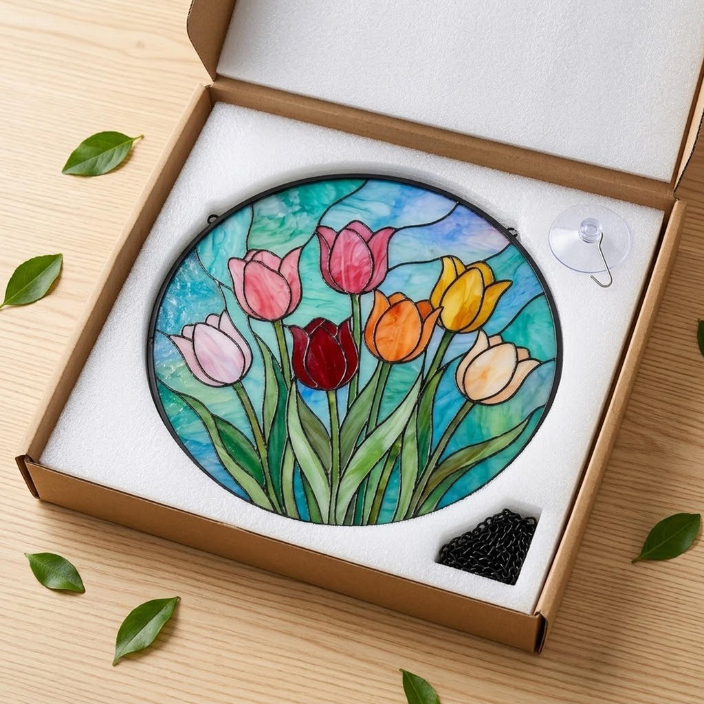Tulip Stained Glass Suncatcher, Pink Flower Window Hanging, Spring Floral Glass Art, Mother's Day Gift for Mom