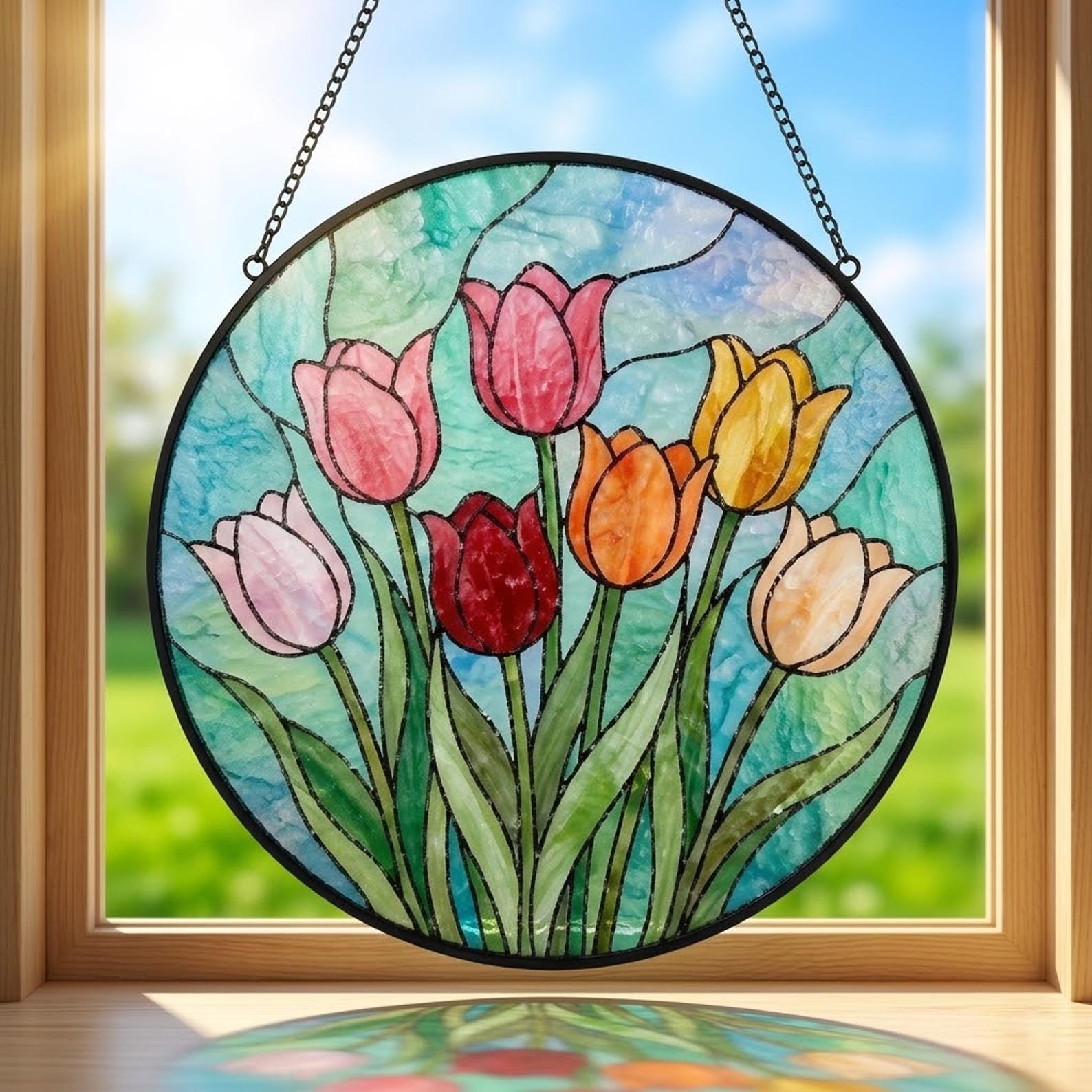 Tulip Stained Glass Suncatcher, Pink Flower Window Hanging, Spring Floral Glass Art, Mother's Day Gift for Mom