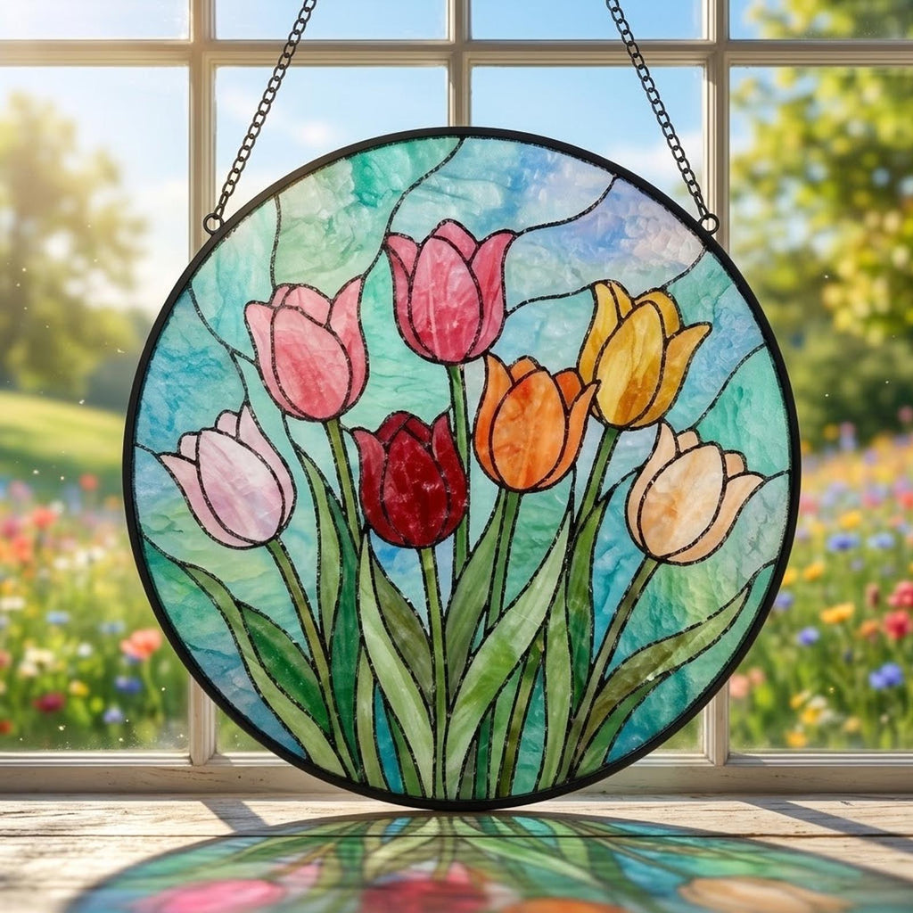 Tulip Stained Glass Suncatcher, Pink Flower Window Hanging, Spring Floral Glass Art, Mother's Day Gift for Mom