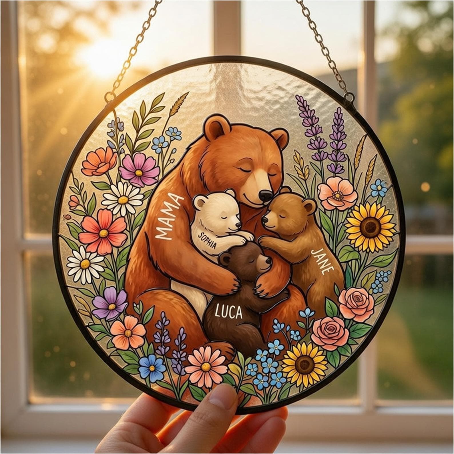 Personalized Mama Bear Flowers Stained Glass Suncatcher Mother's Day Gift For Mom Grandma, Mom And Kids Bears Family Keepsake