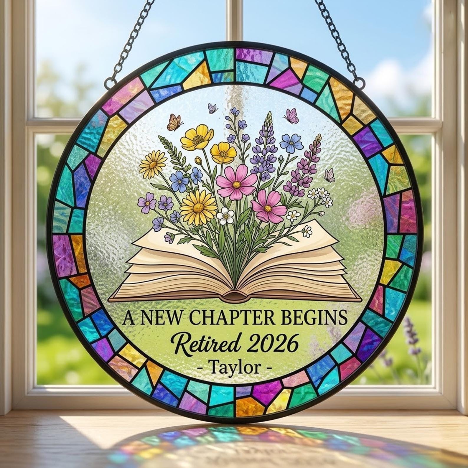 Personalized Retirement Suncatcher, Floral Book A New Chapter Begins Retired Gift Stained Glass, Teacher Retirement Gifts, Retired Teacher