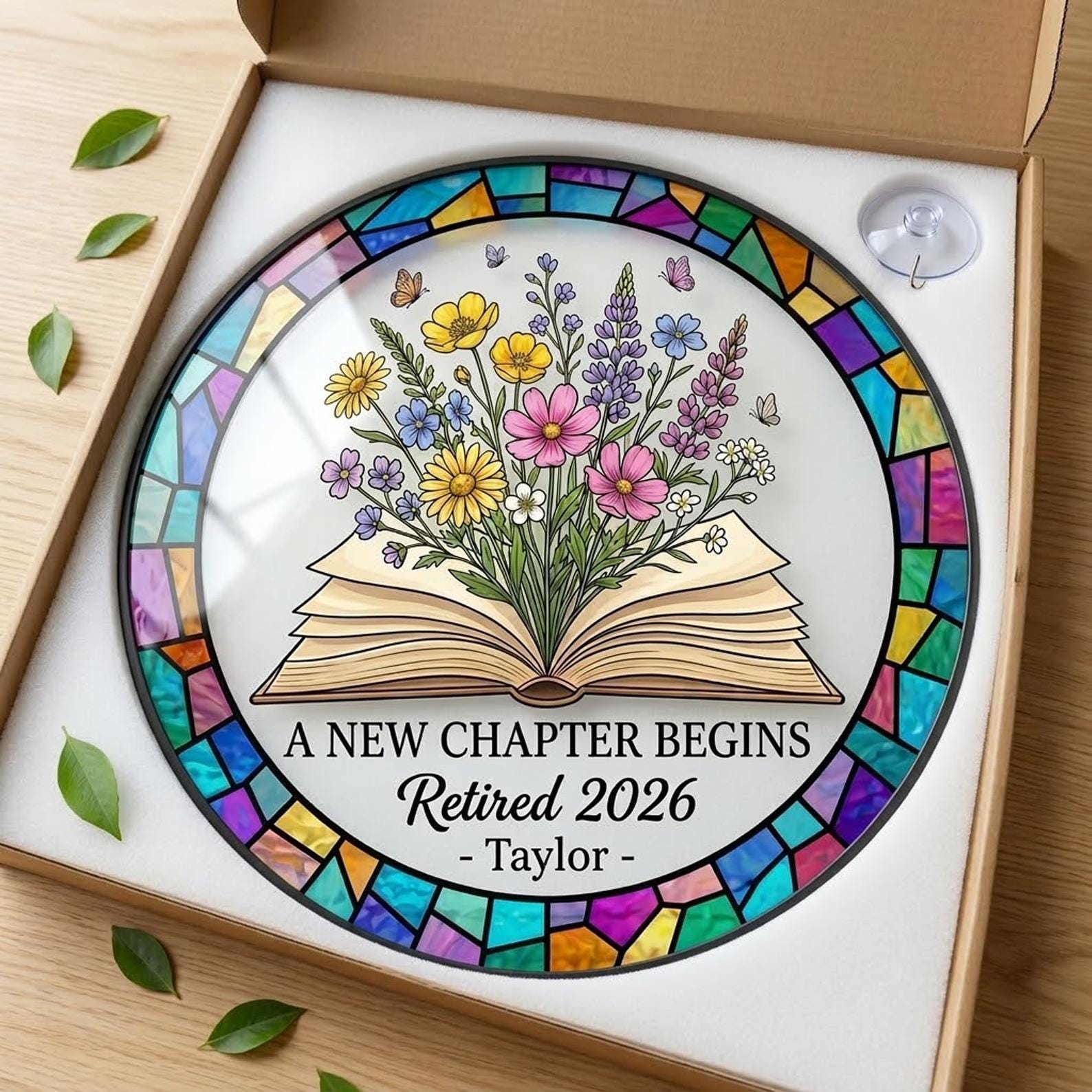 Personalized Retirement Suncatcher, Floral Book A New Chapter Begins Retired Gift Stained Glass, Teacher Retirement Gifts, Retired Teacher
