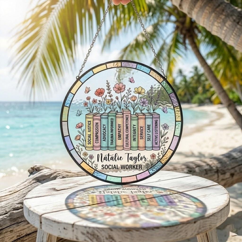 Personalized Social Worker Suncatcher, School Counselor Gift Office Decor LCSW Gift, School Social Worker Gift, Floral Book Window Hanging