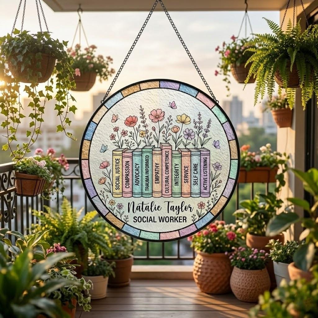 Personalized Social Worker Suncatcher, School Counselor Gift Office Decor LCSW Gift, School Social Worker Gift, Floral Book Window Hanging