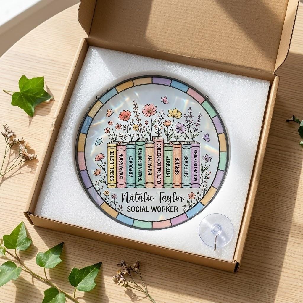 Personalized Social Worker Suncatcher, School Counselor Gift Office Decor LCSW Gift, School Social Worker Gift, Floral Book Window Hanging