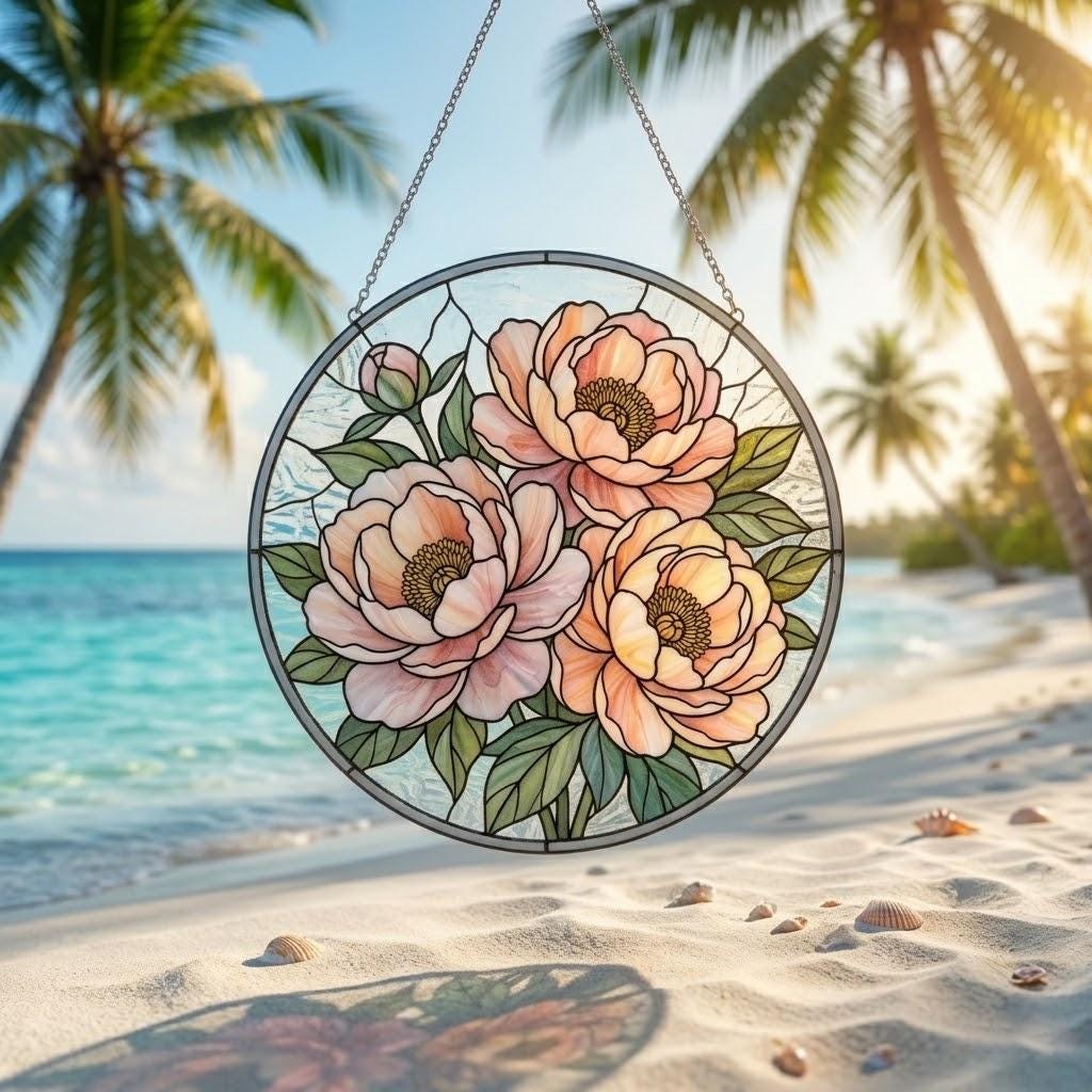 Peony Stained Glass Suncatcher, Mother's Day Gift for Mom, Floral Window Decor, Botanical Pink Flower Hanging, Garden Lover Grandma Gift