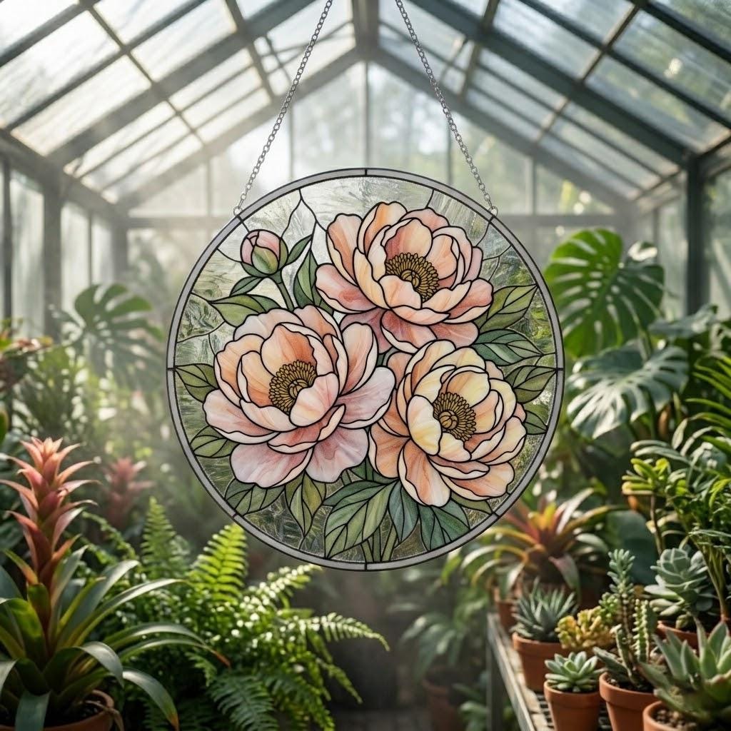 Peony Stained Glass Suncatcher, Mother's Day Gift for Mom, Floral Window Decor, Botanical Pink Flower Hanging, Garden Lover Grandma Gift