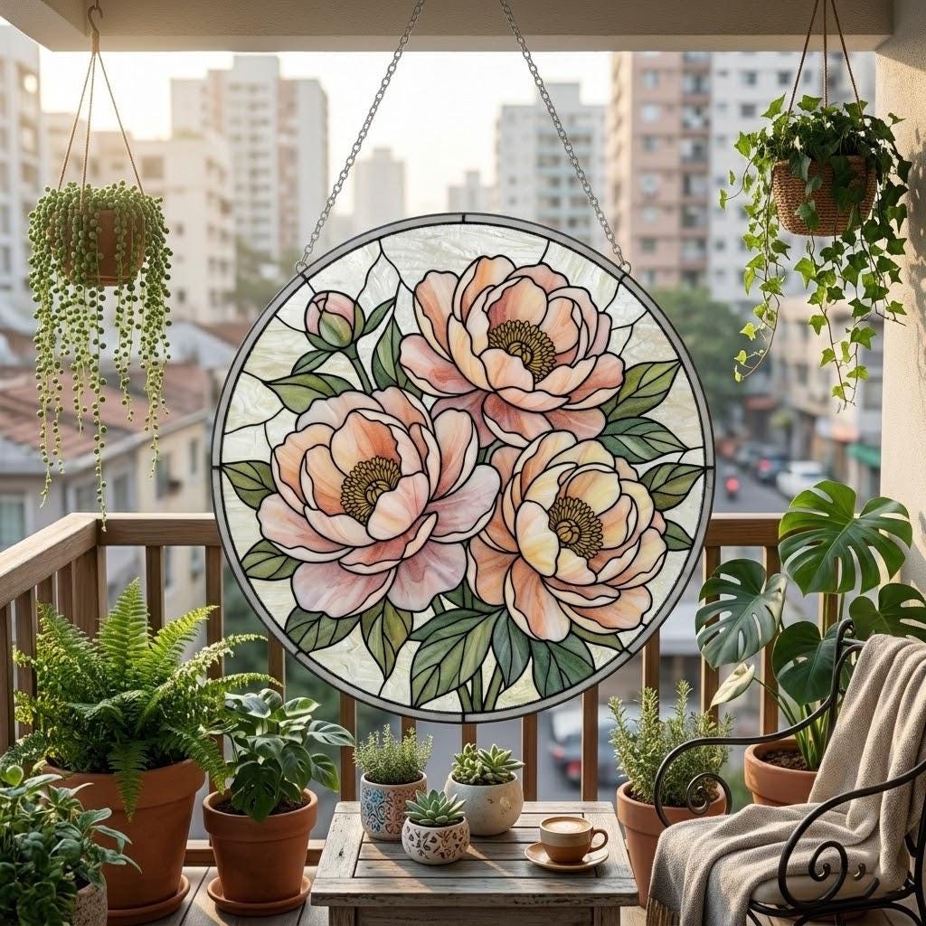Peony Stained Glass Suncatcher, Mother's Day Gift for Mom, Floral Window Decor, Botanical Pink Flower Hanging, Garden Lover Grandma Gift