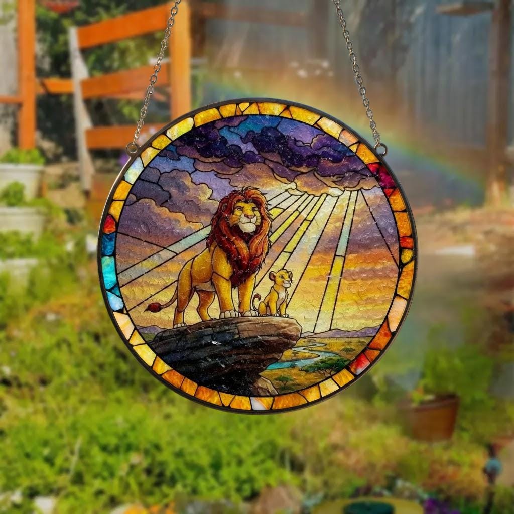 Lion King Stained Glass Suncatcher, Simba Pride Rock Window Hanging, Disney Movie Fan Gift, Handcrafted Glass Art, Father Day Home Decor