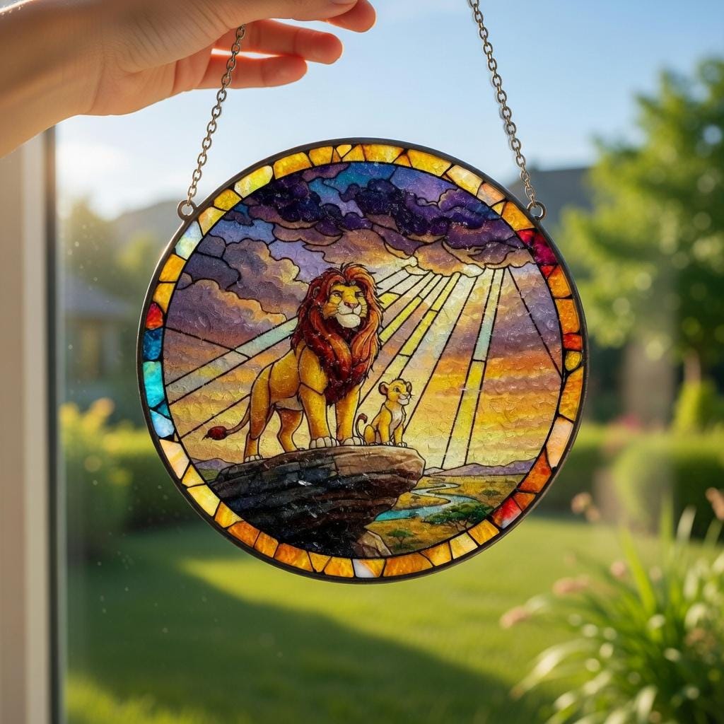 Lion King Stained Glass Suncatcher, Simba Pride Rock Window Hanging, Disney Movie Fan Gift, Handcrafted Glass Art, Father Day Home Decor