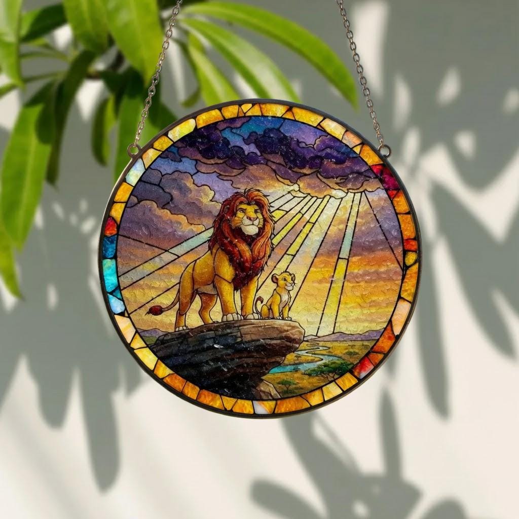 Lion King Stained Glass Suncatcher, Simba Pride Rock Window Hanging, Disney Movie Fan Gift, Handcrafted Glass Art, Father Day Home Decor