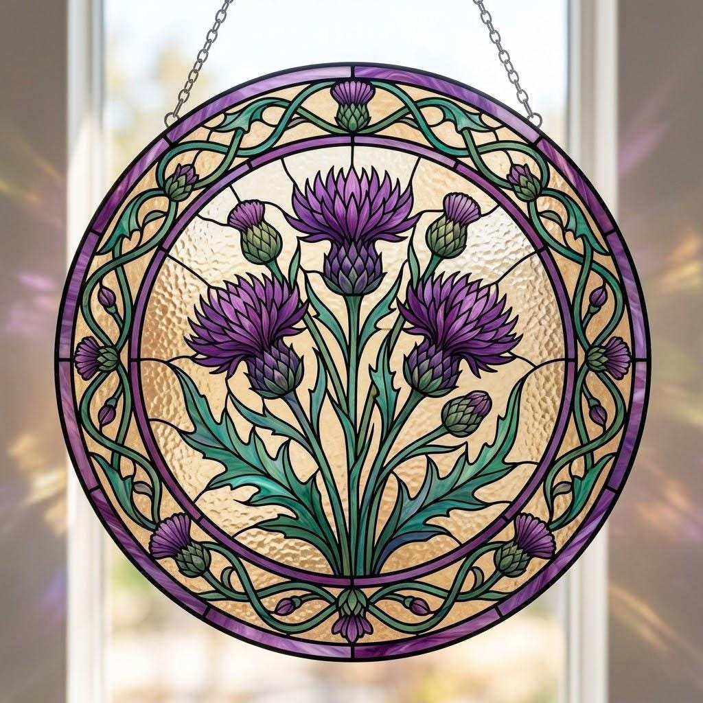 Purple Scottish Thistle Suncatcher, Highland Flower Window Hanging, Mother's Day Gift for Mom 2026, Colorful Floral Art Decor, Sun Catcher