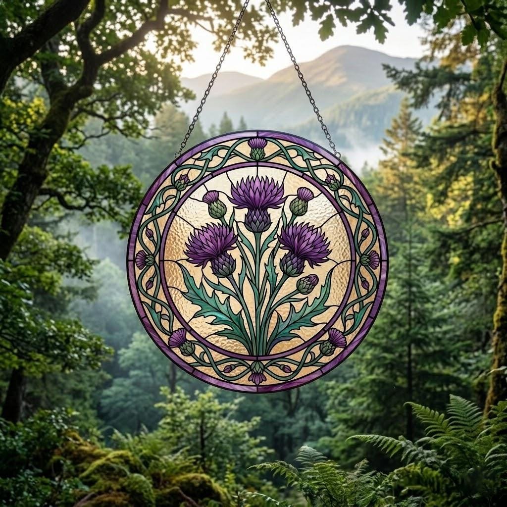 Purple Scottish Thistle Suncatcher, Highland Flower Window Hanging, Mother's Day Gift for Mom 2026, Colorful Floral Art Decor, Sun Catcher