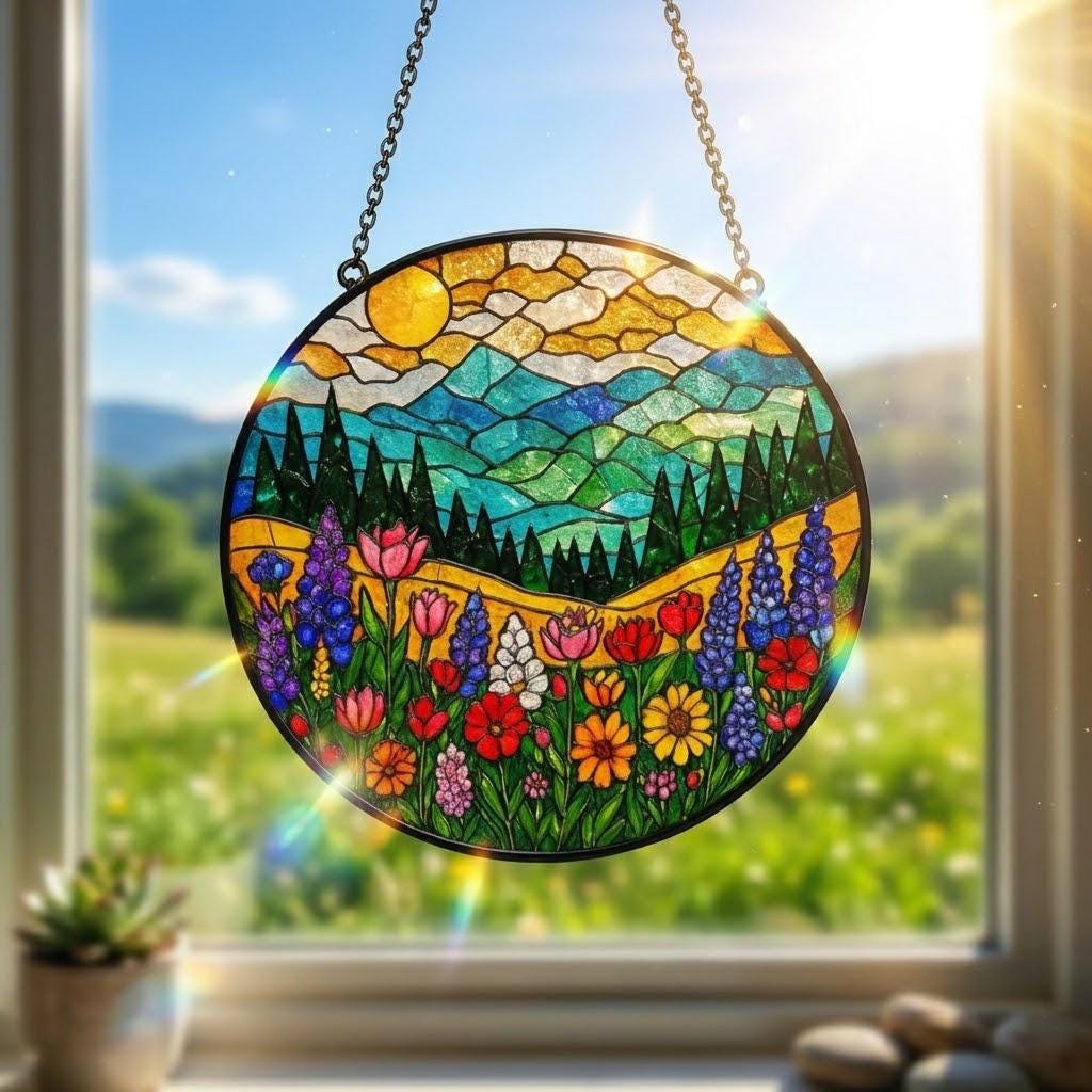 Mountain Wildflower Suncatcher Stained Glass Window Hanging Nature Art, Floral Decor, Flower Lover Present, Gift for Mom & Grandma Birthday