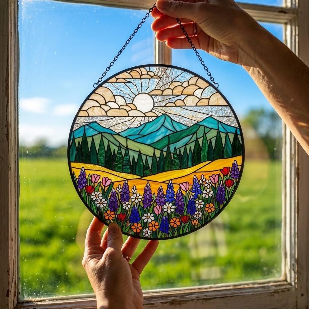 Mountain Wildflower Stained Glass Suncatcher – Nature Window Hanging, Floral Art Decor, Flower Lover Gift, Birthday Gift for Mom & Grandma