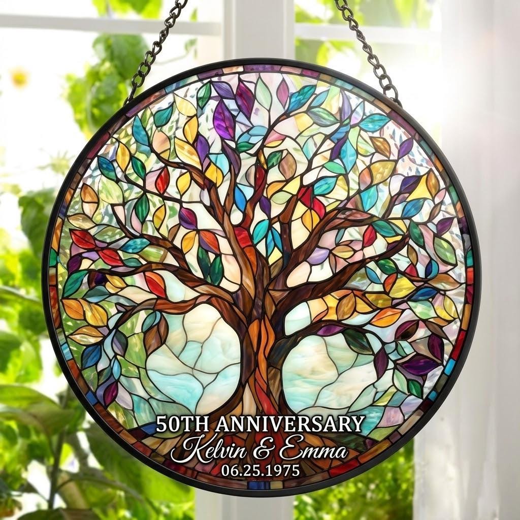 Personalized Tree of Life 50th Anniversary Gifts, Tree of Life Glass Suncatcher, Golden Anniversary Suncatcher, Anniversary Gift For Parents