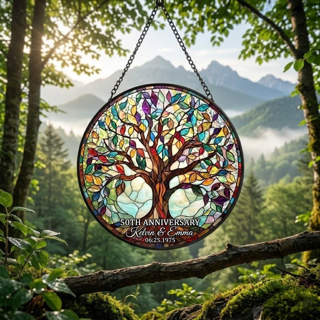 Personalized Tree of Life 50th Anniversary Gifts, Tree of Life Glass Suncatcher, Golden Anniversary Suncatcher, Anniversary Gift For Parents