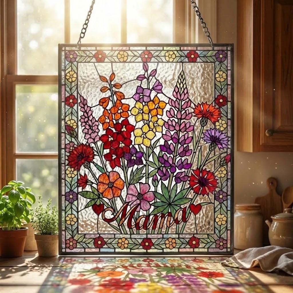 Personalized Mama Garden Suncatcher, Birth Flower Stained Glass Style Window Hanging, Mother Day 2026 Gift for Mom Nana, Custom Heart Flower