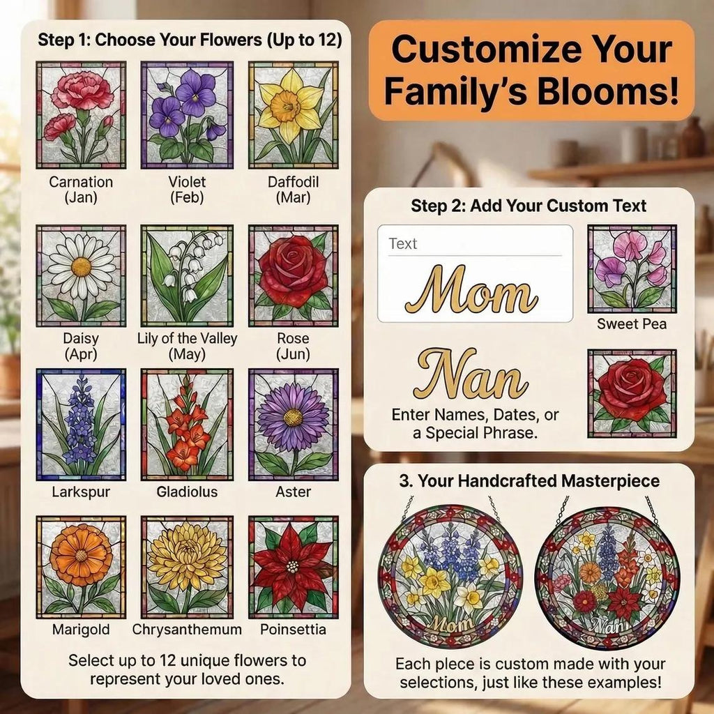 Personalized Mama Garden Suncatcher, Birth Flower Stained Glass Style Window Hanging, Mother Day 2026 Gift for Mom Nana, Custom Heart Flower