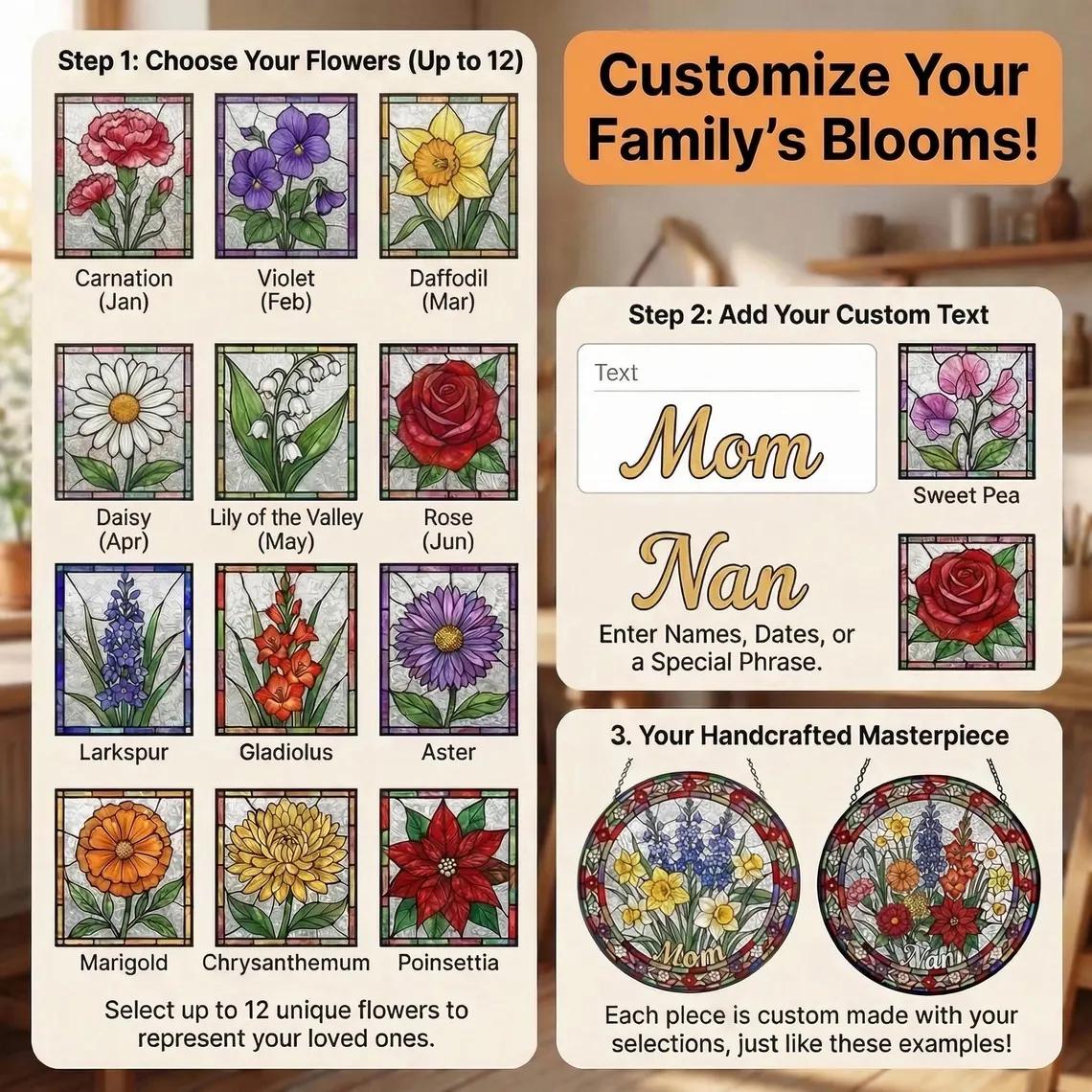 Personalized Mama Garden Suncatcher, Birth Flower Stained Glass Style Window Hanging, Mother Day 2026 Gift for Mom Nana, Custom Heart Flower