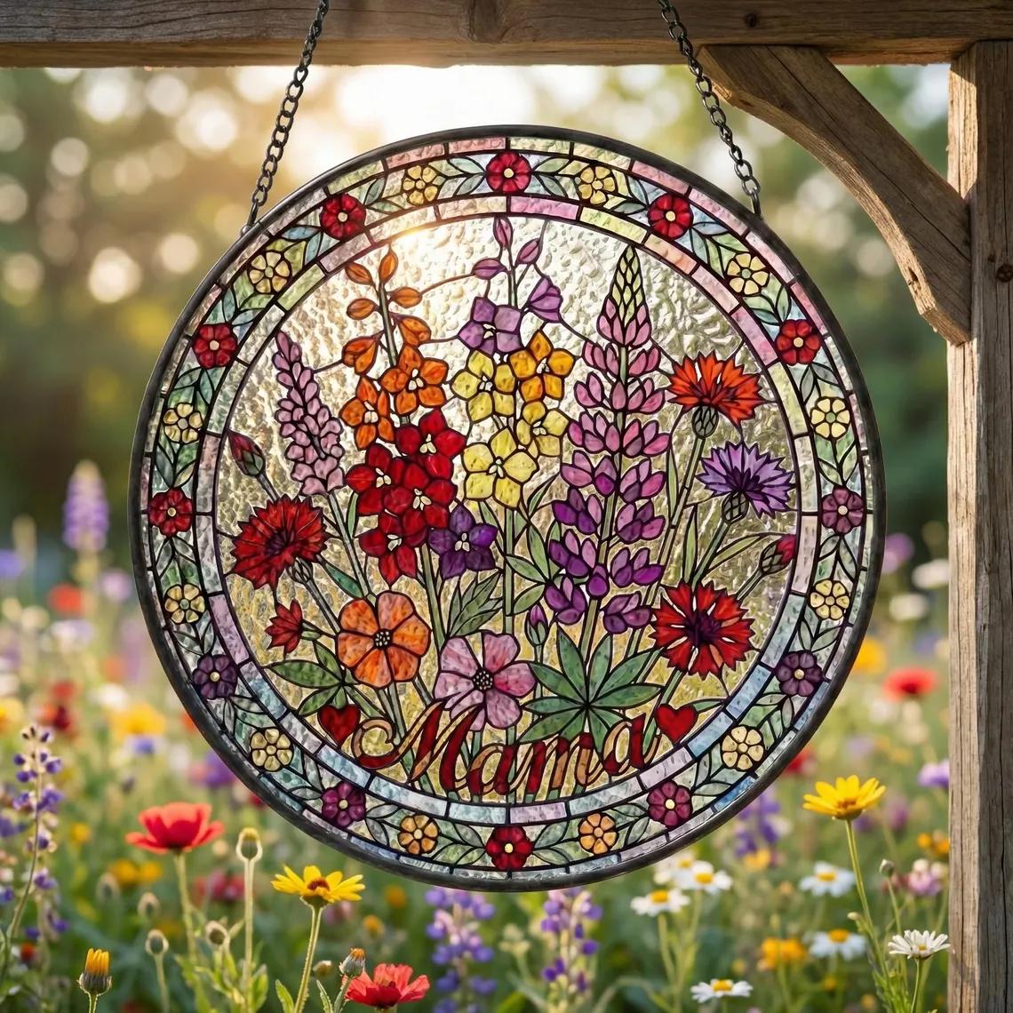 Personalized Mama Garden Suncatcher, Birth Flower Stained Glass Window Hanging, Mother's Day 2026 Gift for Mom Nana, Custom Floral Ornament