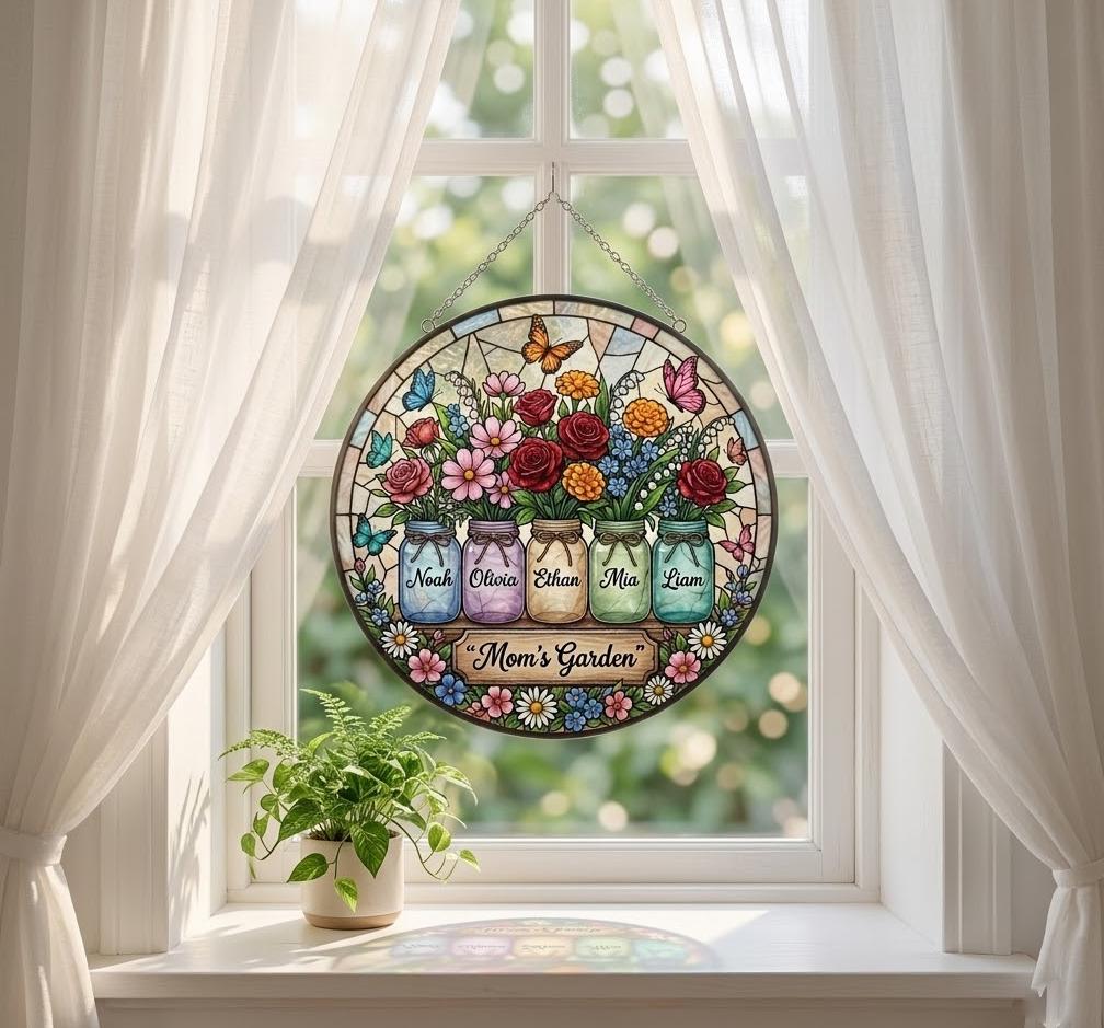 Personalized Mom's Bunch Birth Flower Suncatcher, Custom Mason Jar Window Hanging, Mother's Day 2026 Gift for Nana, Floral Ornament Decor