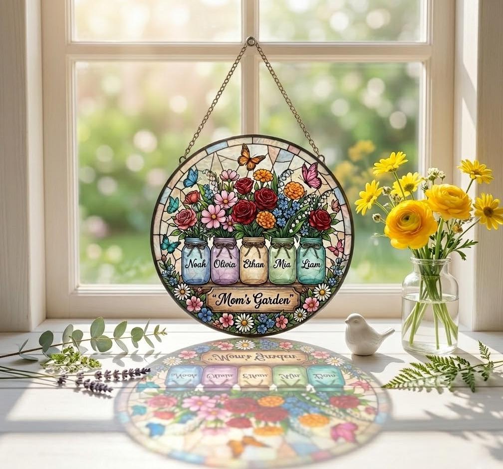 Personalized Mom's Bunch Birth Flower Suncatcher, Custom Mason Jar Window Hanging, Mother's Day 2026 Gift for Nana, Floral Ornament Decor