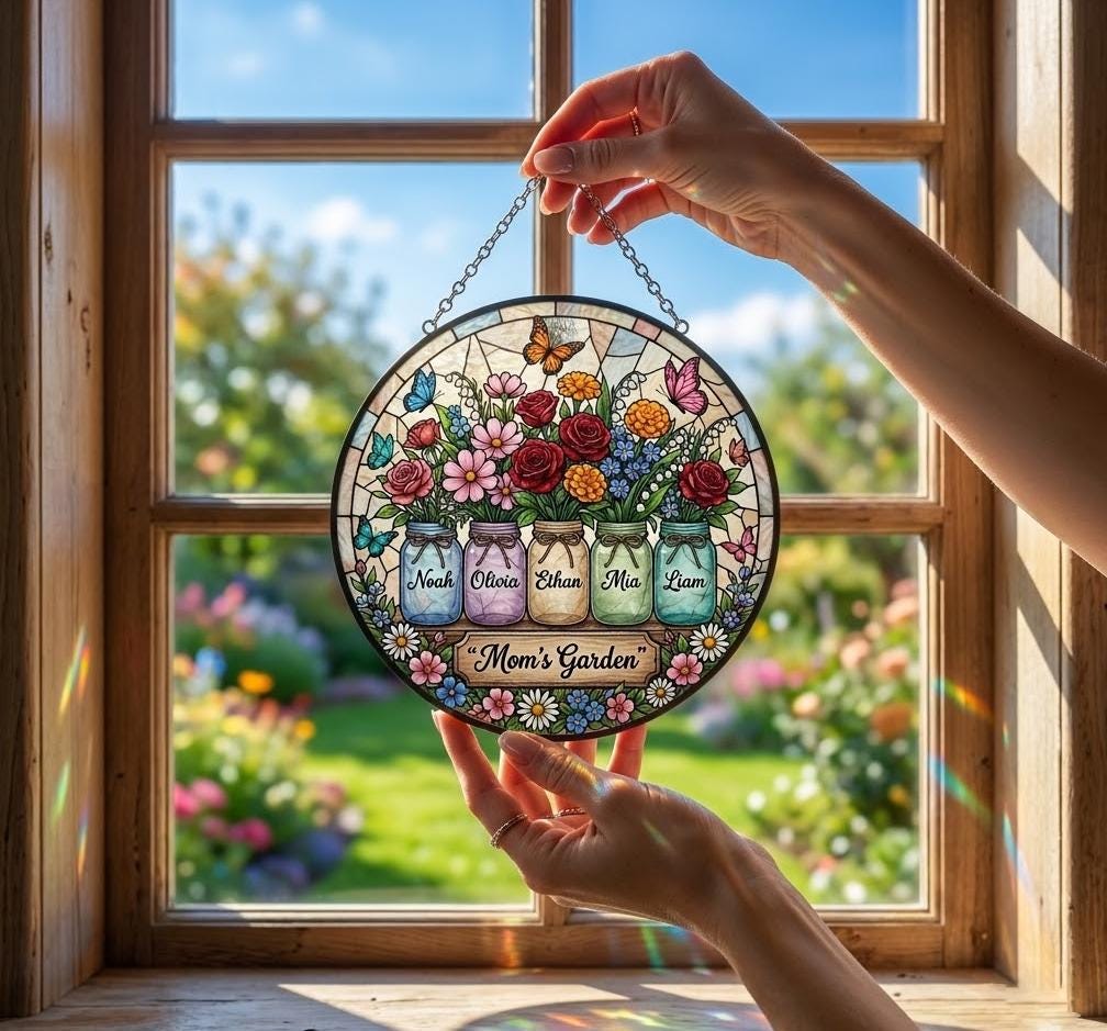Personalized Mom's Bunch Birth Flower Suncatcher, Custom Mason Jar Window Hanging, Mother's Day 2026 Gift for Nana, Floral Ornament Decor