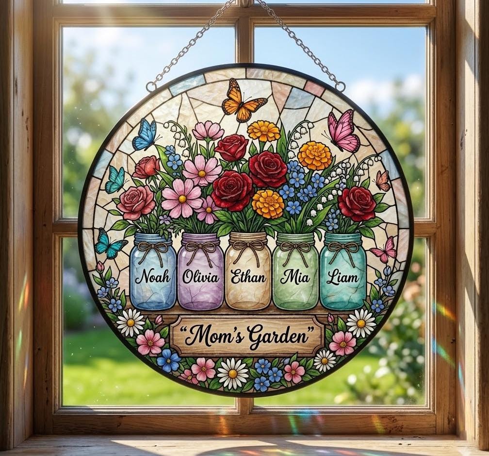 Personalized Mom's Bunch Birth Flower Suncatcher, Custom Mason Jar Window Hanging, Mother's Day 2026 Gift for Nana, Floral Ornament Decor