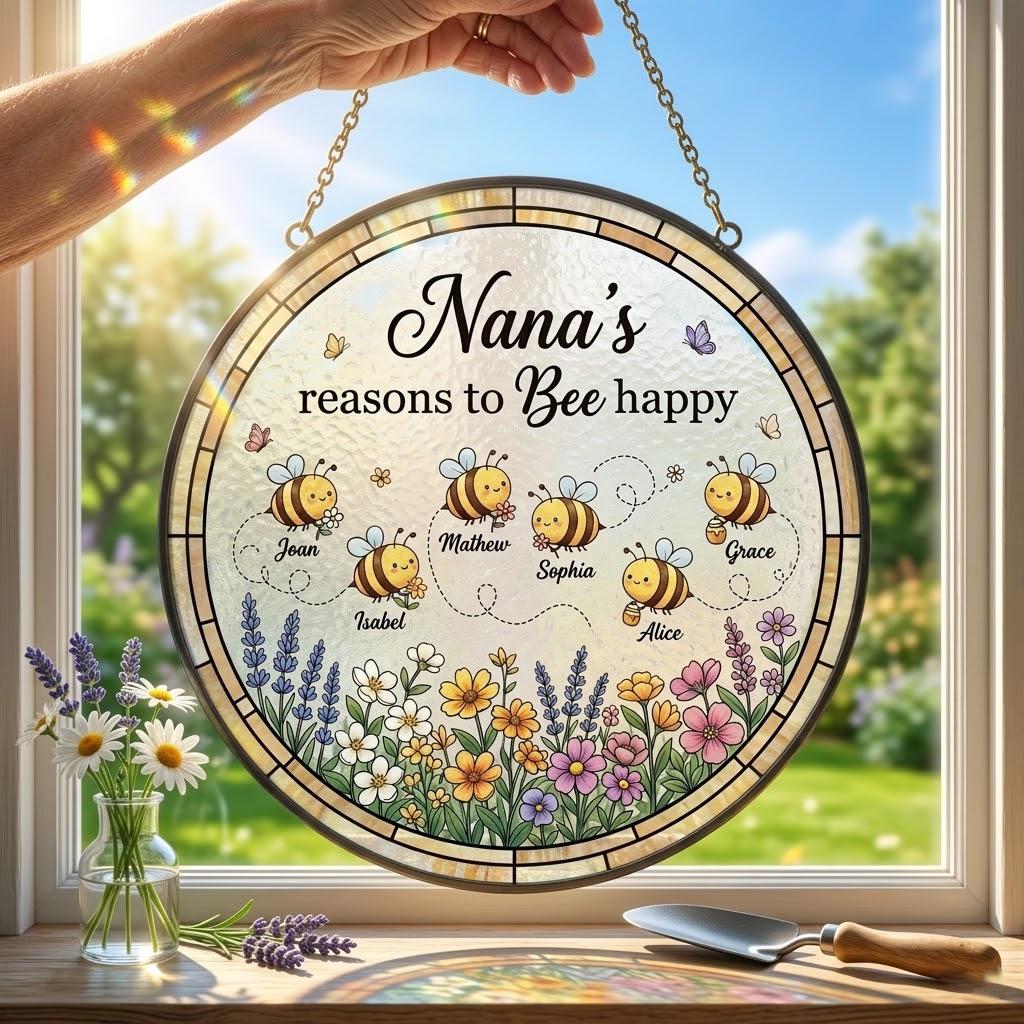 Personalized Nana's Reason To Bee Happy Suncatcher, Custom Grandma Bee Happy Window Hanging, Mother's Day 2026 Gift, Floral Garden Keepsake