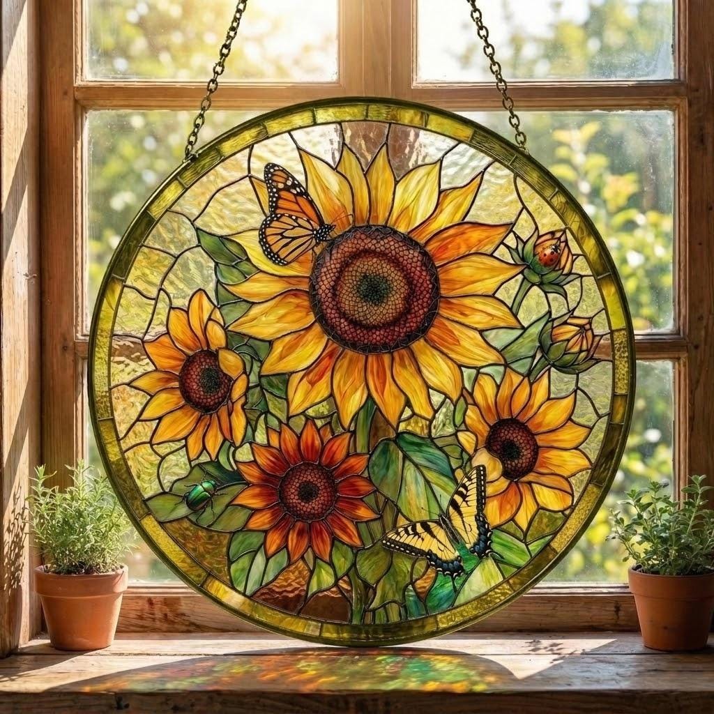 Personalized Sunflower Stained Glass Suncatcher, Custom Mother's Day 2026 Gift for Grandma Nana, Floral Window Hanging Decor, Gift for Mom