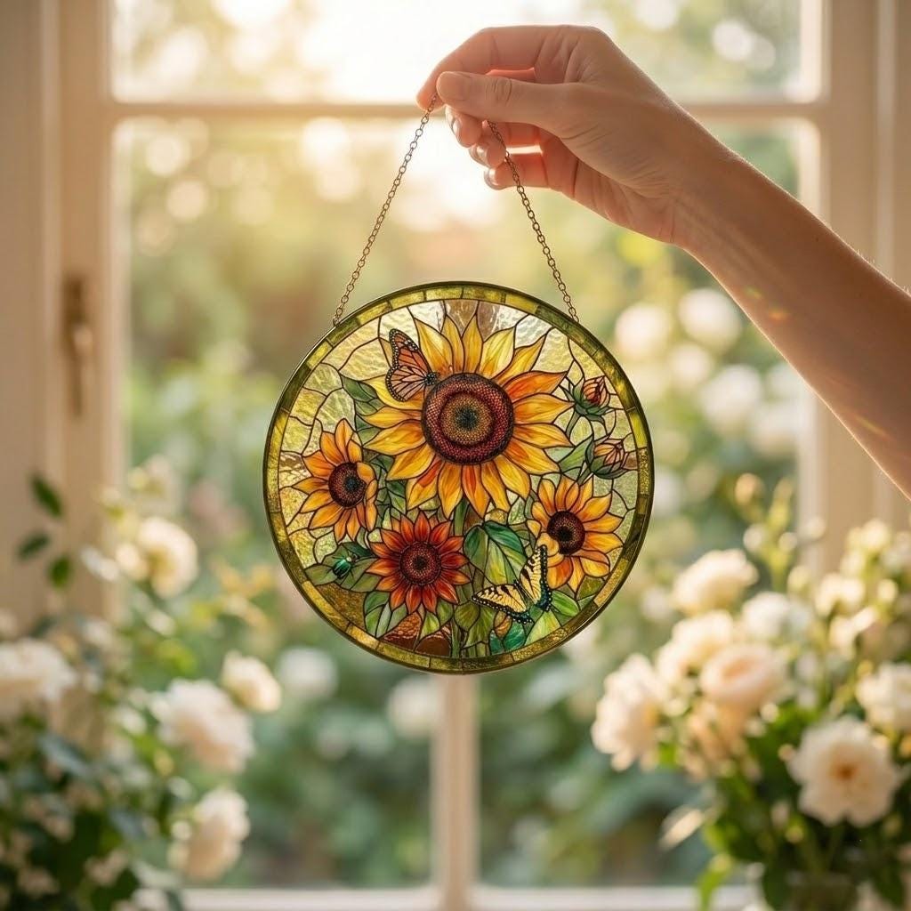 Personalized Sunflower Stained Glass Suncatcher, Custom Mother's Day 2026 Gift for Grandma Nana, Floral Window Hanging Decor, Gift for Mom