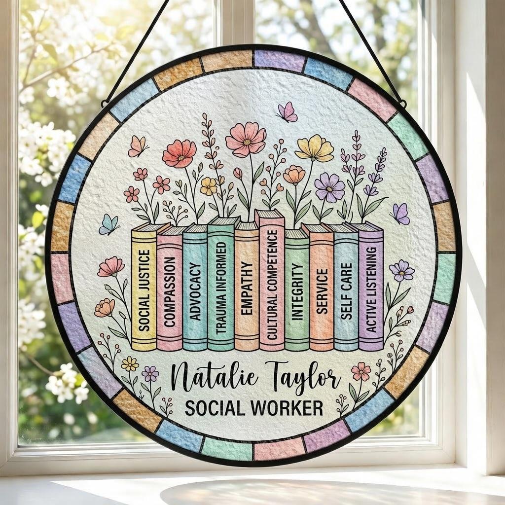Personalized Social Worker Suncatcher, School Counselor Gift Office Decor LCSW Gift, School Social Worker Gift, Floral Book Window Hanging