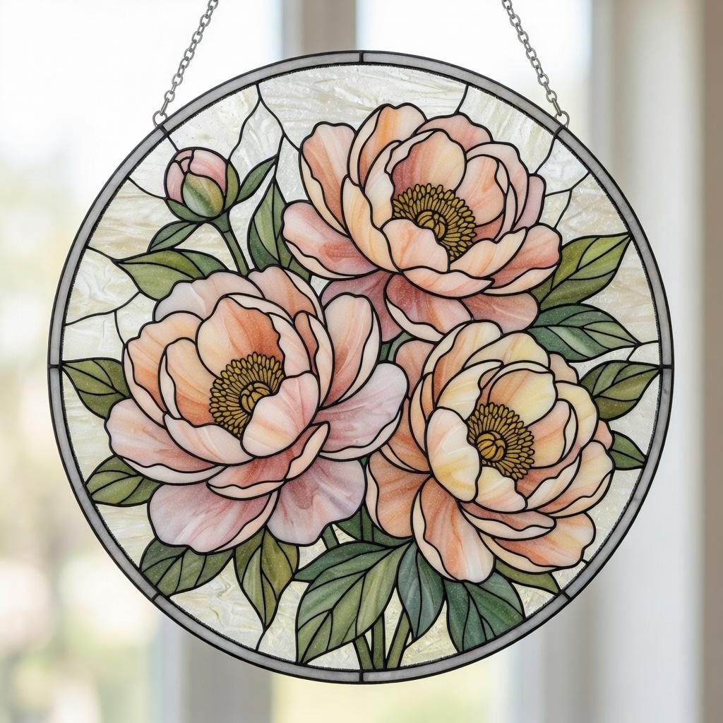 Peony Stained Glass Suncatcher, Mother's Day Gift for Mom, Floral Window Decor, Botanical Pink Flower Hanging, Garden Lover Grandma Gift