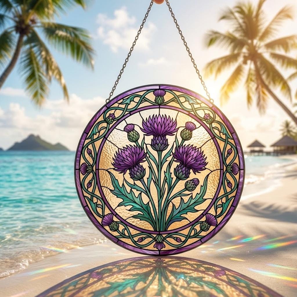 Purple Scottish Thistle Suncatcher, Highland Flower Window Hanging, Mother's Day Gift for Mom 2026, Colorful Floral Art Decor, Sun Catcher
