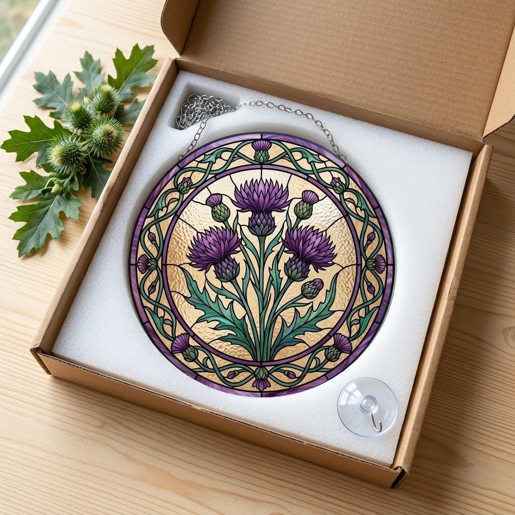 Purple Scottish Thistle Suncatcher, Highland Flower Window Hanging, Mother's Day Gift for Mom 2026, Colorful Floral Art Decor, Sun Catcher