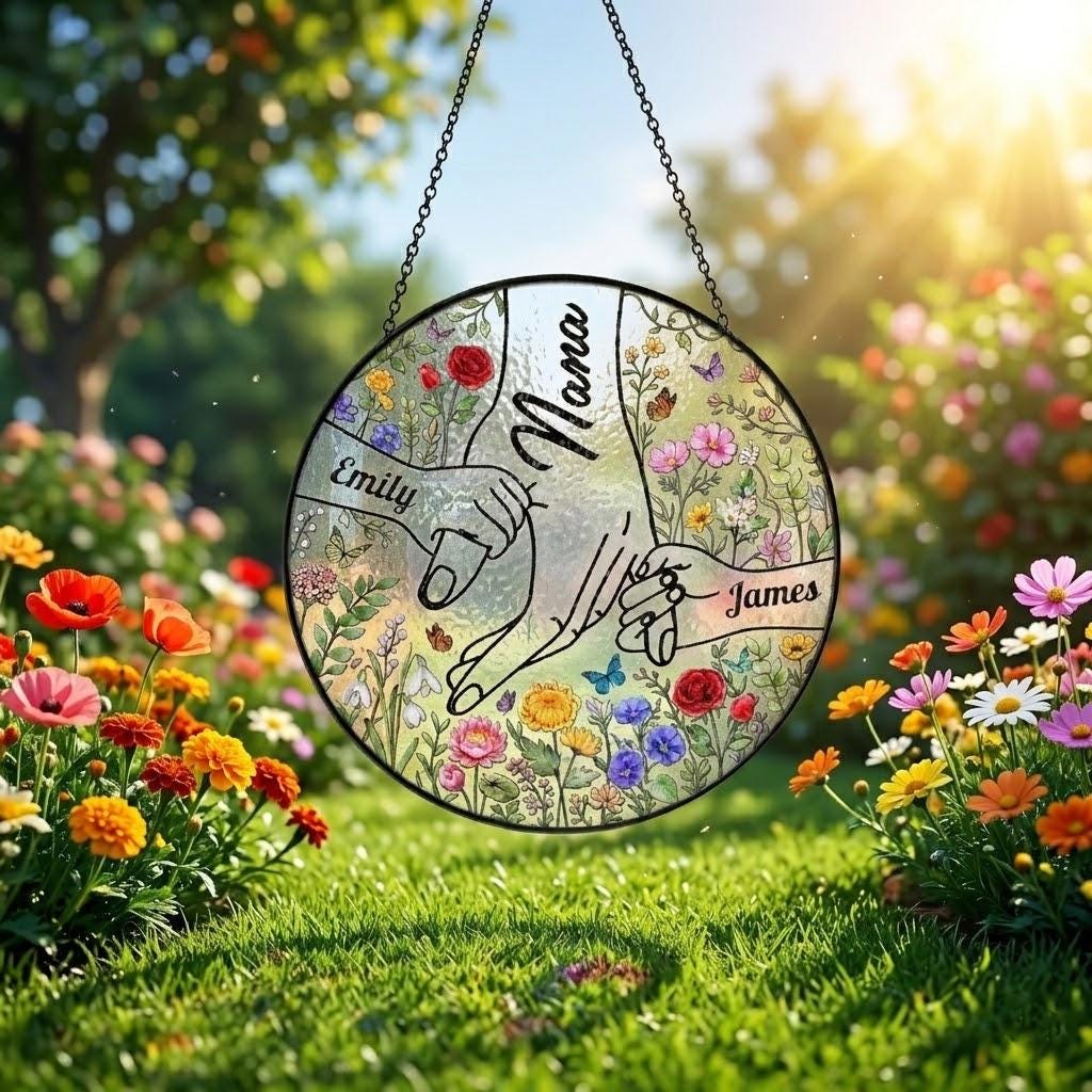 Personalized Holding Grandma's Hand Suncatcher, Custom Mother's Day 2026 Gift for Nana Grammy Gigi, Acrylic Window Decor, Grandkids Names