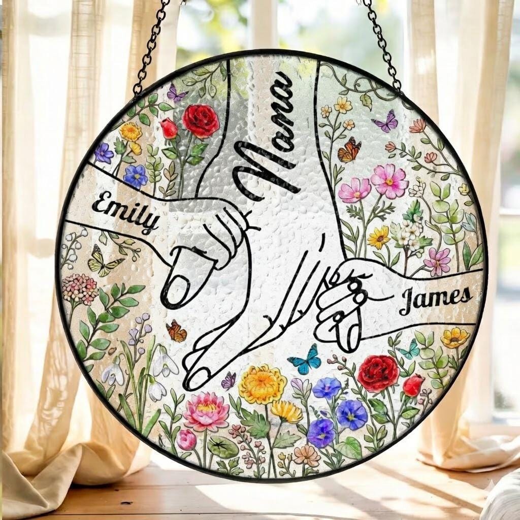 Personalized Holding Grandma's Hand Suncatcher, Custom Mother's Day 2026 Gift for Nana Grammy Gigi, Acrylic Window Decor, Grandkids Names