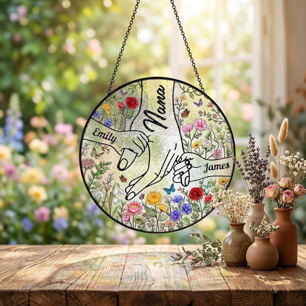 Personalized Holding Grandma's Hand Suncatcher, Custom Mother's Day 2026 Gift for Nana Grammy Gigi, Acrylic Window Decor, Grandkids Names
