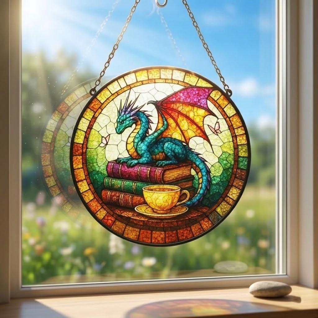 Dragon Stained Glass Suncatcher, Fantasy Book Lover Decor, Tea and Coffee Art, Mystical Window Hanging, Gift for Readers