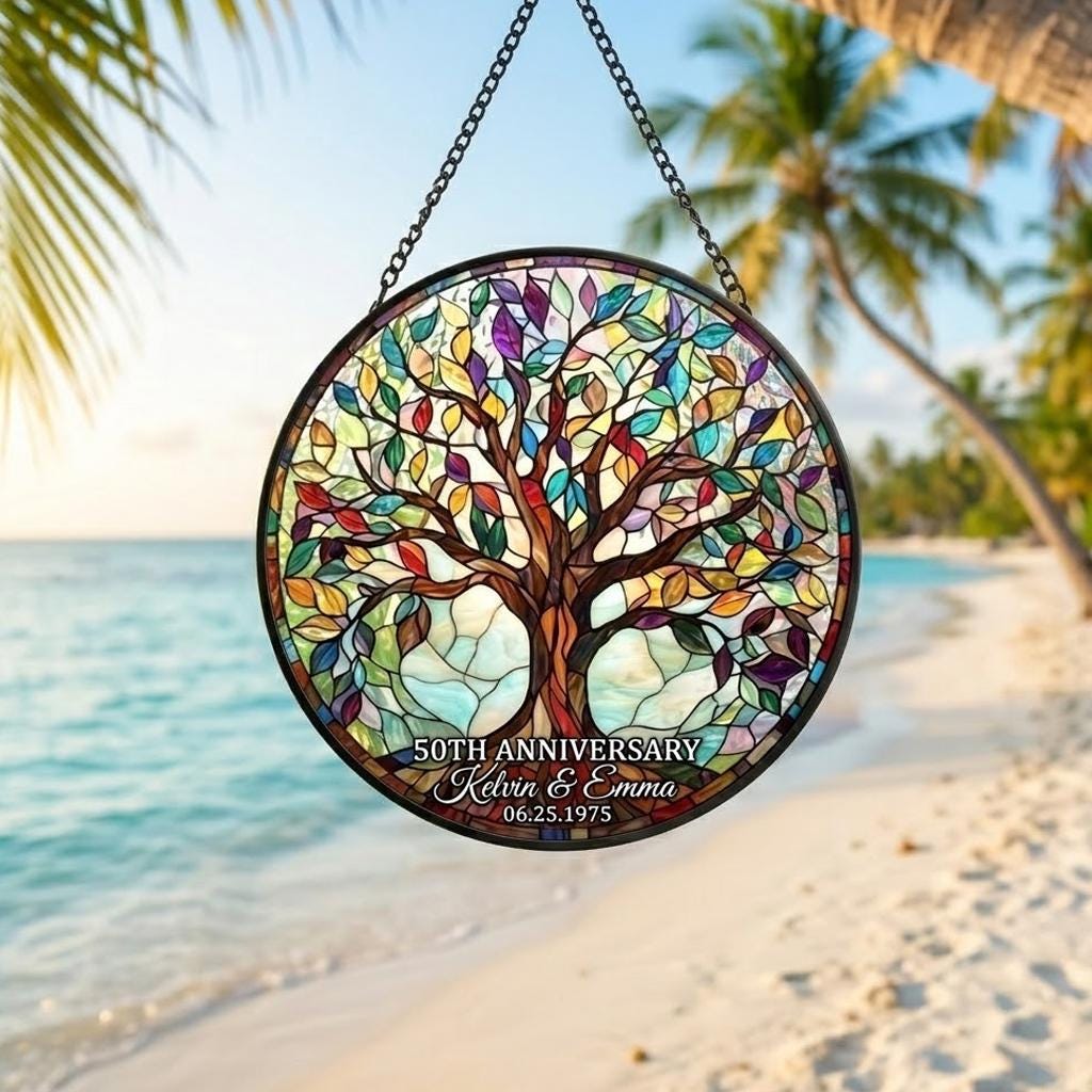 Personalized Tree of Life 50th Anniversary Gifts, Tree of Life Glass Suncatcher, Golden Anniversary Suncatcher, Anniversary Gift For Parents