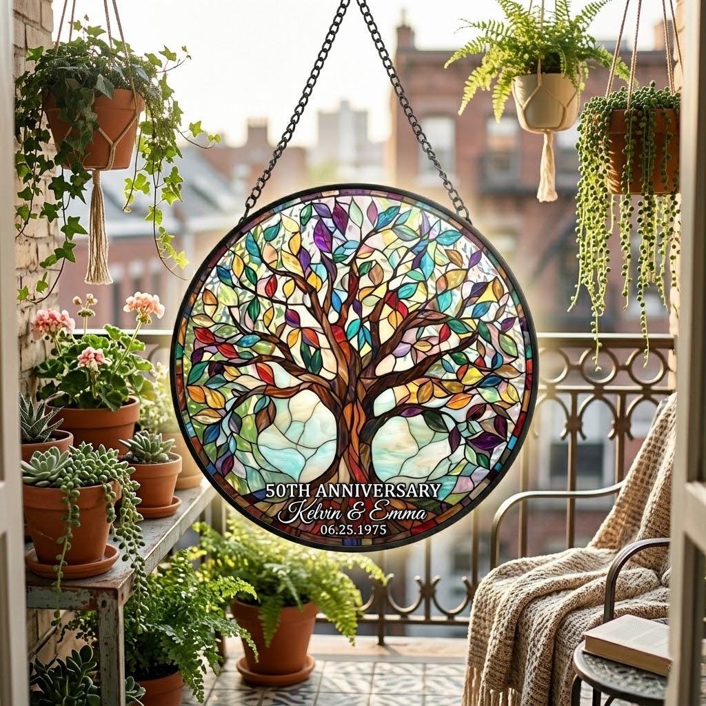 Personalized Tree of Life 50th Anniversary Gifts, Tree of Life Glass Suncatcher, Golden Anniversary Suncatcher, Anniversary Gift For Parents