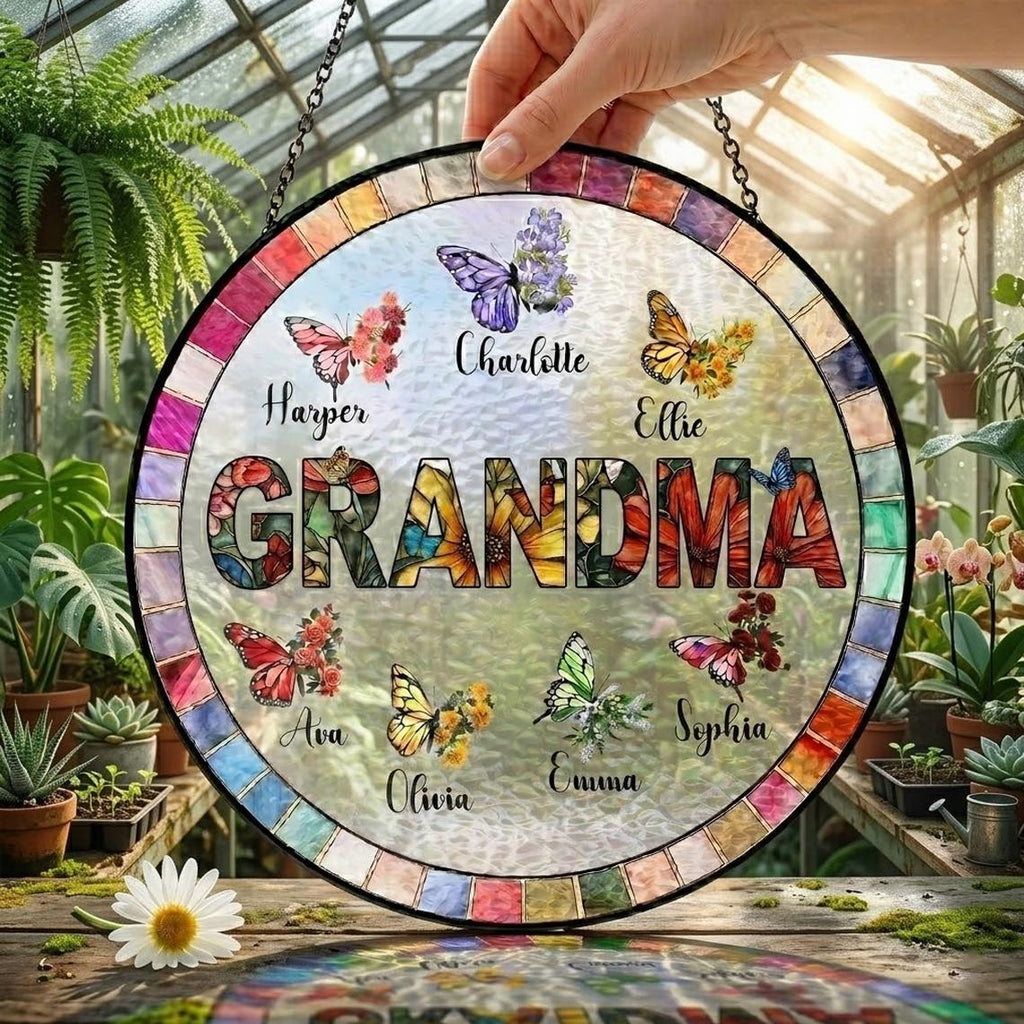 Personalized Nana Glass Suncatcher, Custom Butterfly Birth Month Flower Grandma Gift with Grandkids Names, Mother's Day 2026 Window Hanging