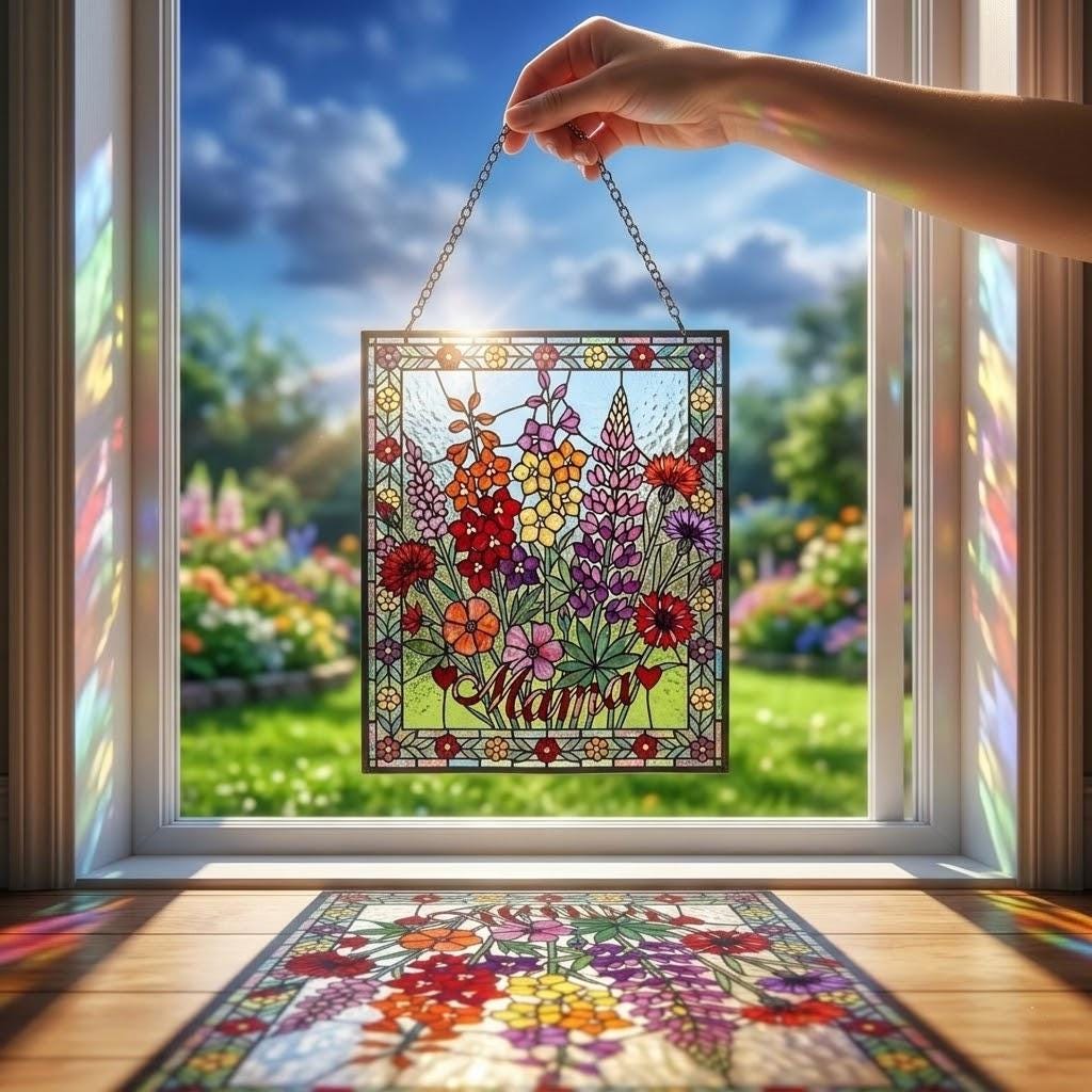 Personalized Mama Garden Suncatcher, Birth Flower Stained Glass Window Hanging, Mother's Day 2026 Gift for Mom Nana, Custom Floral Ornament