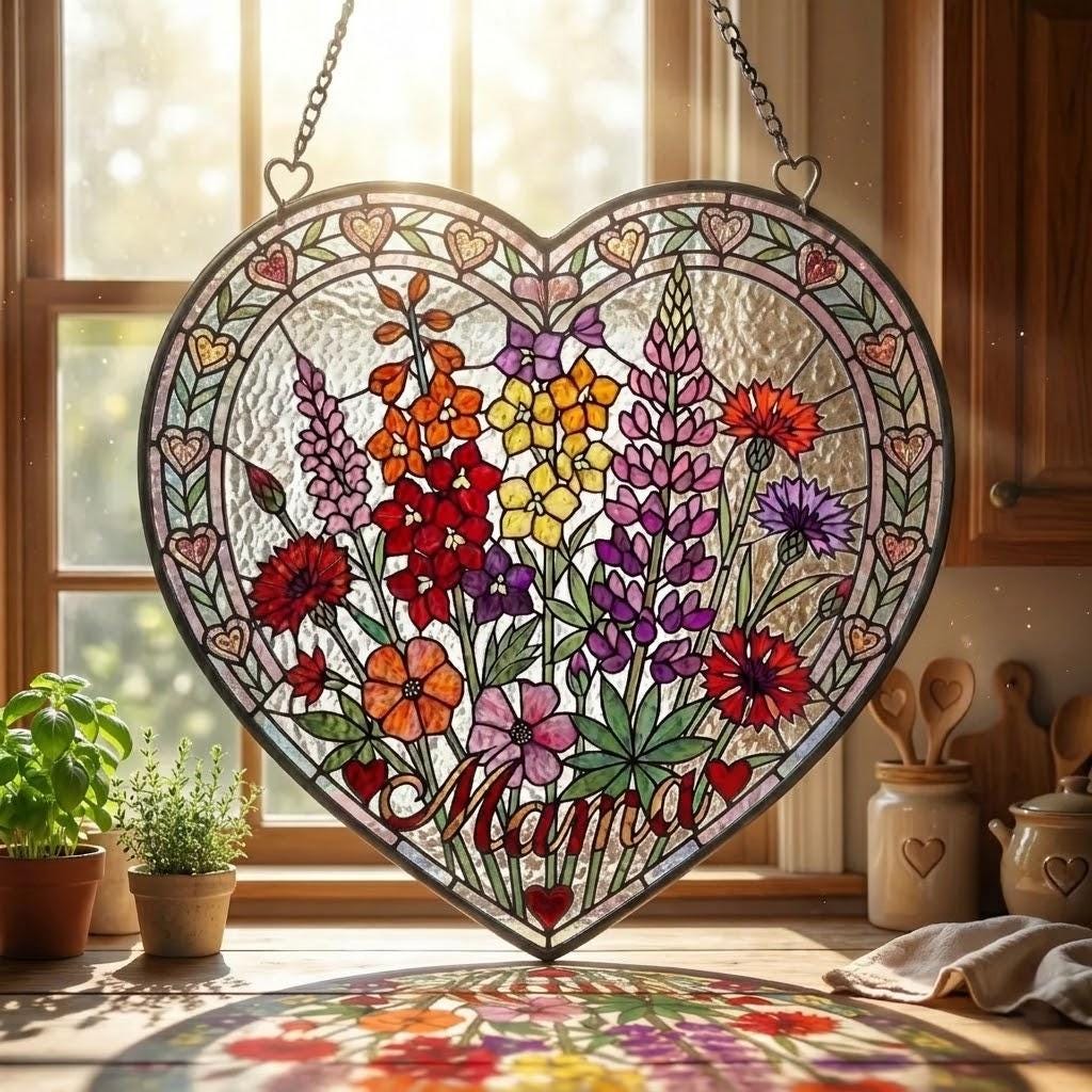 Personalized Mama Garden Suncatcher, Birth Flower Stained Glass Window Hanging, Mother's Day 2026 Gift for Mom Nana, Custom Floral Ornament