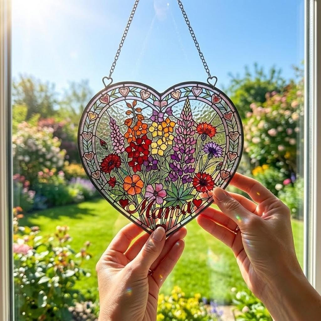 Personalized Mama Garden Suncatcher, Birth Flower Stained Glass Style Window Hanging, Mother Day 2026 Gift for Mom Nana, Custom Heart Flower