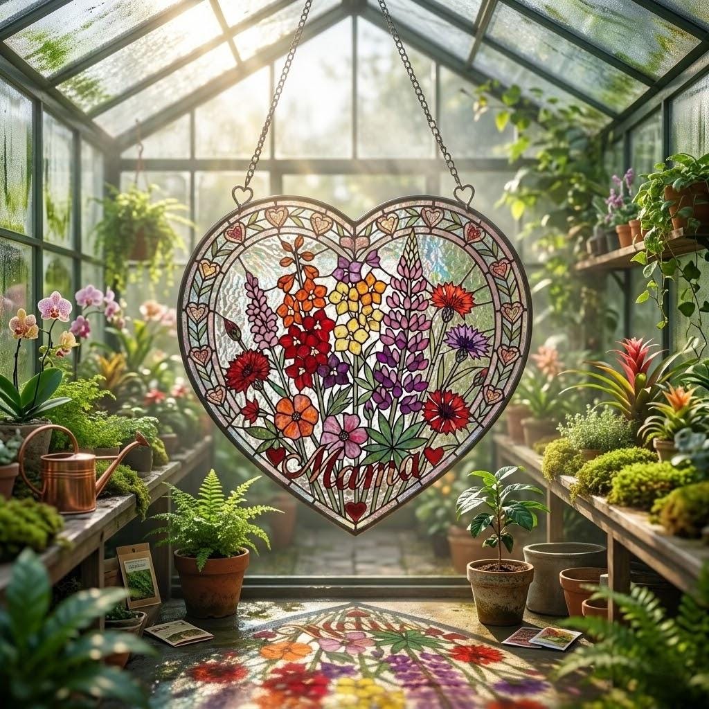 Personalized Mama Garden Suncatcher, Birth Flower Stained Glass Style Window Hanging, Mother Day 2026 Gift for Mom Nana, Custom Heart Flower